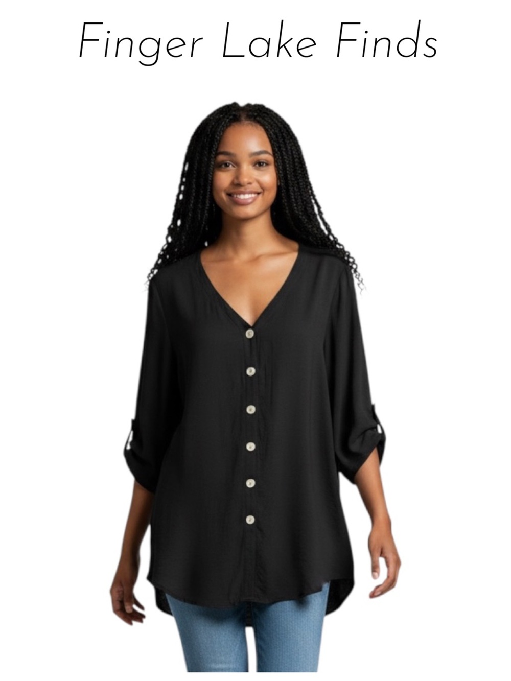 Button-Front V-Neck Black Flowy Tunic, XL